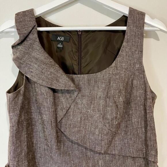 AGB Women’s Midi Business Ruffle Front Scoop Neck Dress Brown Size 6 EUC - Picture 3 of 10